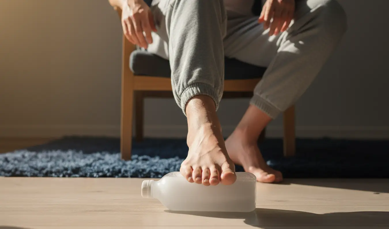 Persona sentada masajeando la planta del pie con una botella fría para reducir inflamación