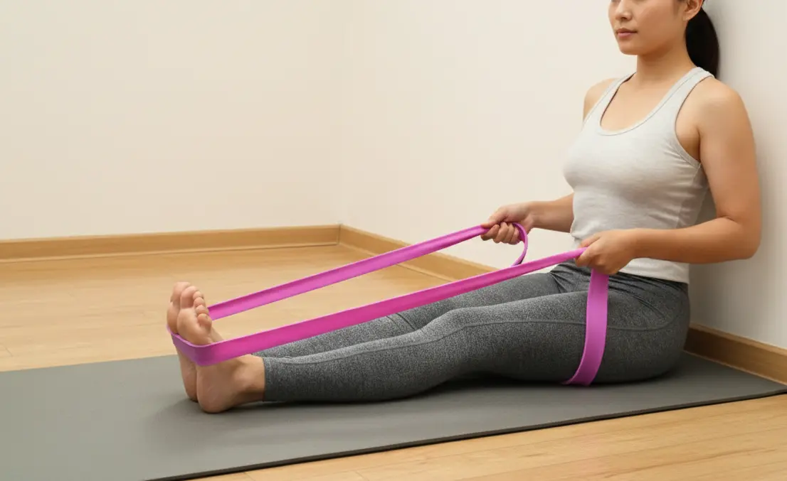 Persona estirando el pie con una liga de resistencia para aliviar la tensión de la fascia plantar